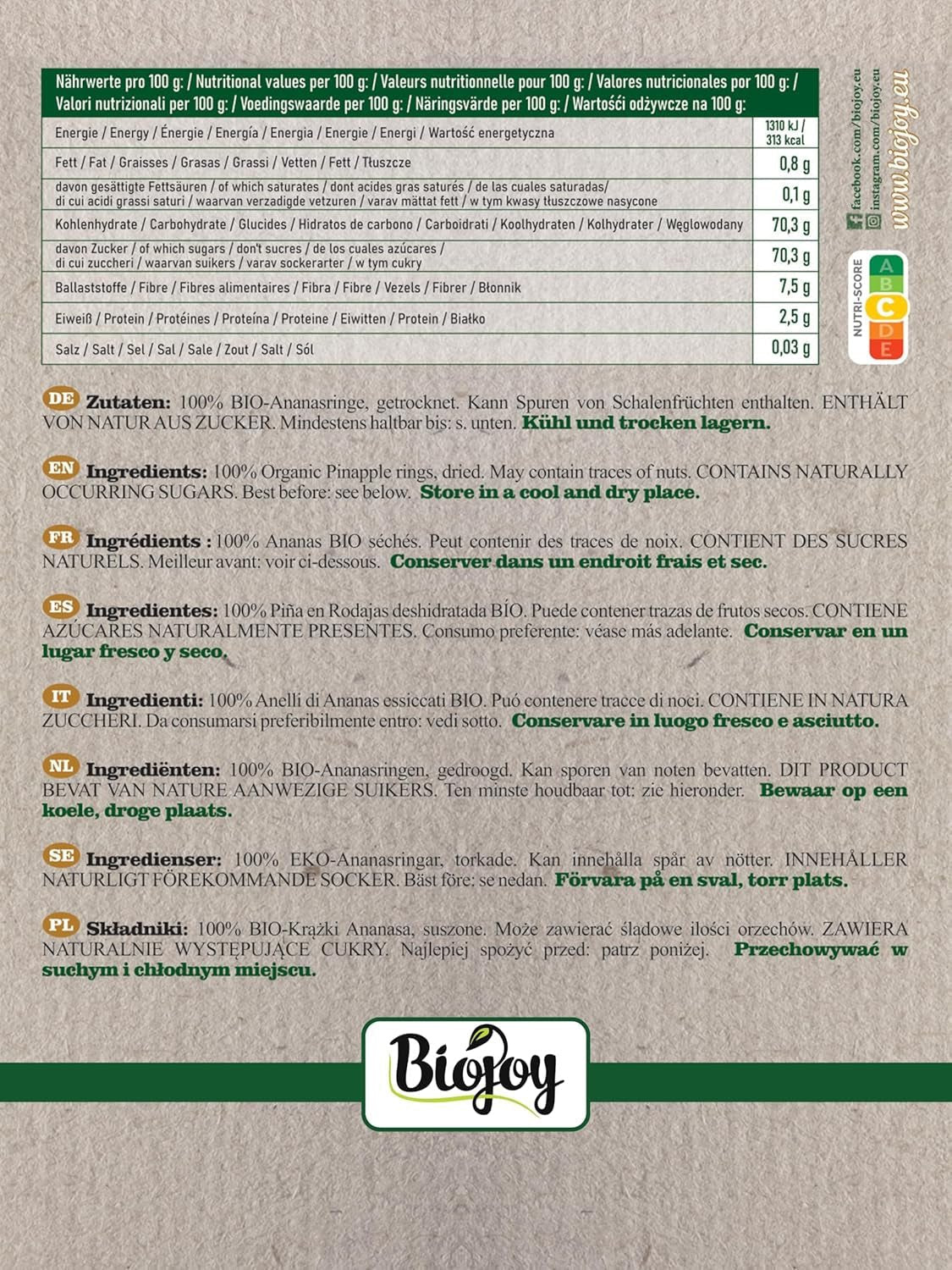 Biojoy BIO ananasringen, gedroogd (1 kg), ongezwavelde Naty Shop gedehydrateerde producten