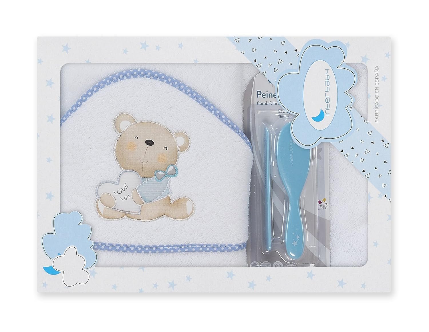 Interbaby P1177-11 Badhanddoek met capuchon voor kinderen LOVE YOU wit en blauw met kam en borstel, blauw Kinderen - Bad en Huidverzorging Naty Shop Standaard titel