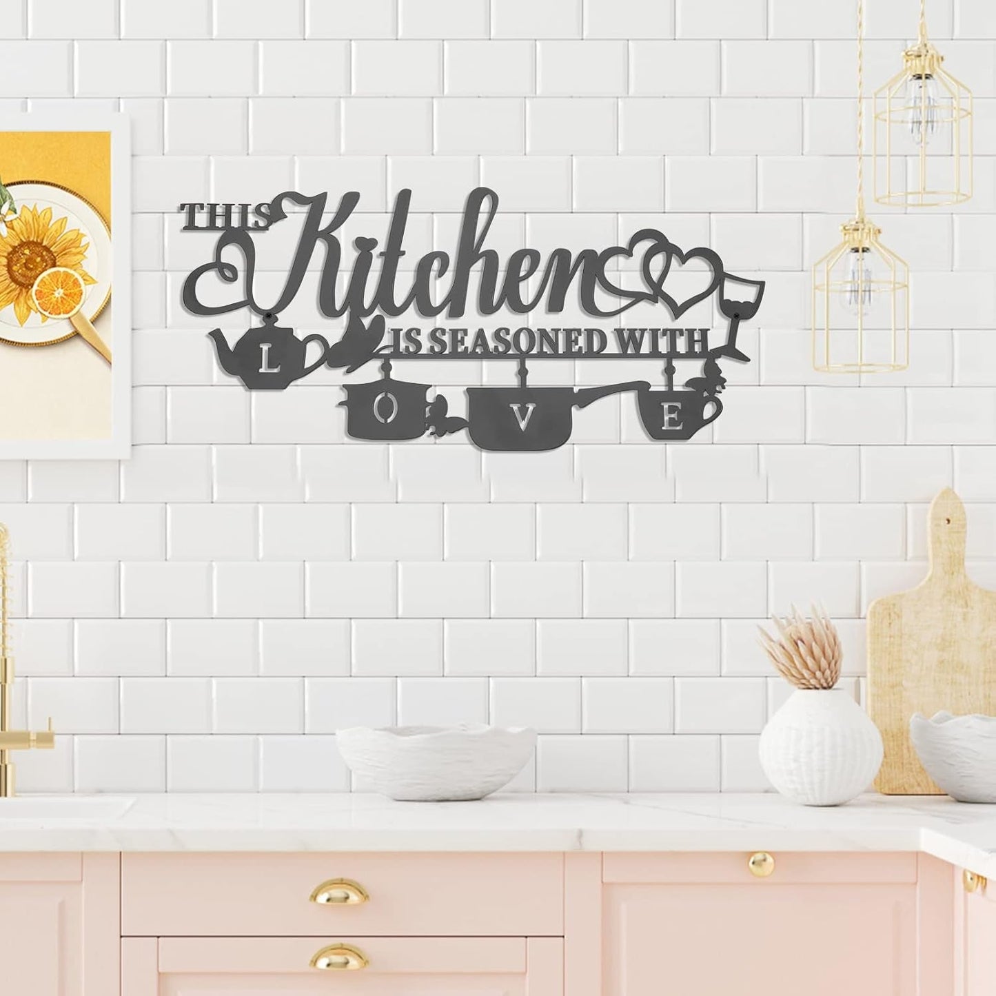 KHayRovies Keuken Wanddecoratie Metaal Deze keuken is gekruid met liefde Zwart woord Naambord Rustiek Ijzer Letters Citaten voor keuken Boerderij Woonkamer Beelden en sculpturen Naty Shop