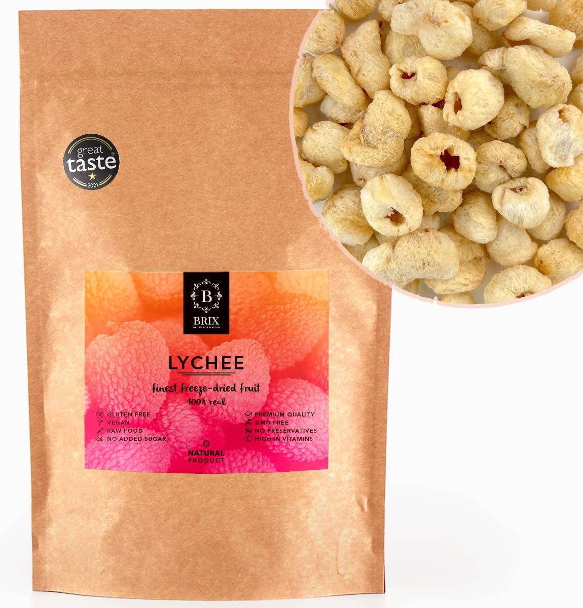 Gedroogde lychee BRIX | Natuurlijke lychee, gedroogd 95 g | Great Taste Award voor gedroogd fruit | Niet-GMO, glutenvrij, veganistisch, geconserveerde vitaminen Naty Shop Gedehydrateerde producten Standaardtitel