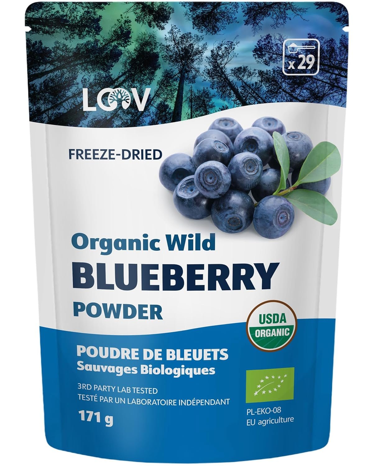 LOOV Biologisch wilde bosbessenpoeder - 29 dagen voorraad 171 g Goed voor smoothies en ontbijt Gevriesdroogd Noord-Europees Geen toegevoegde suikers Naty Shop Gedehydrateerde producten Standaardtitel