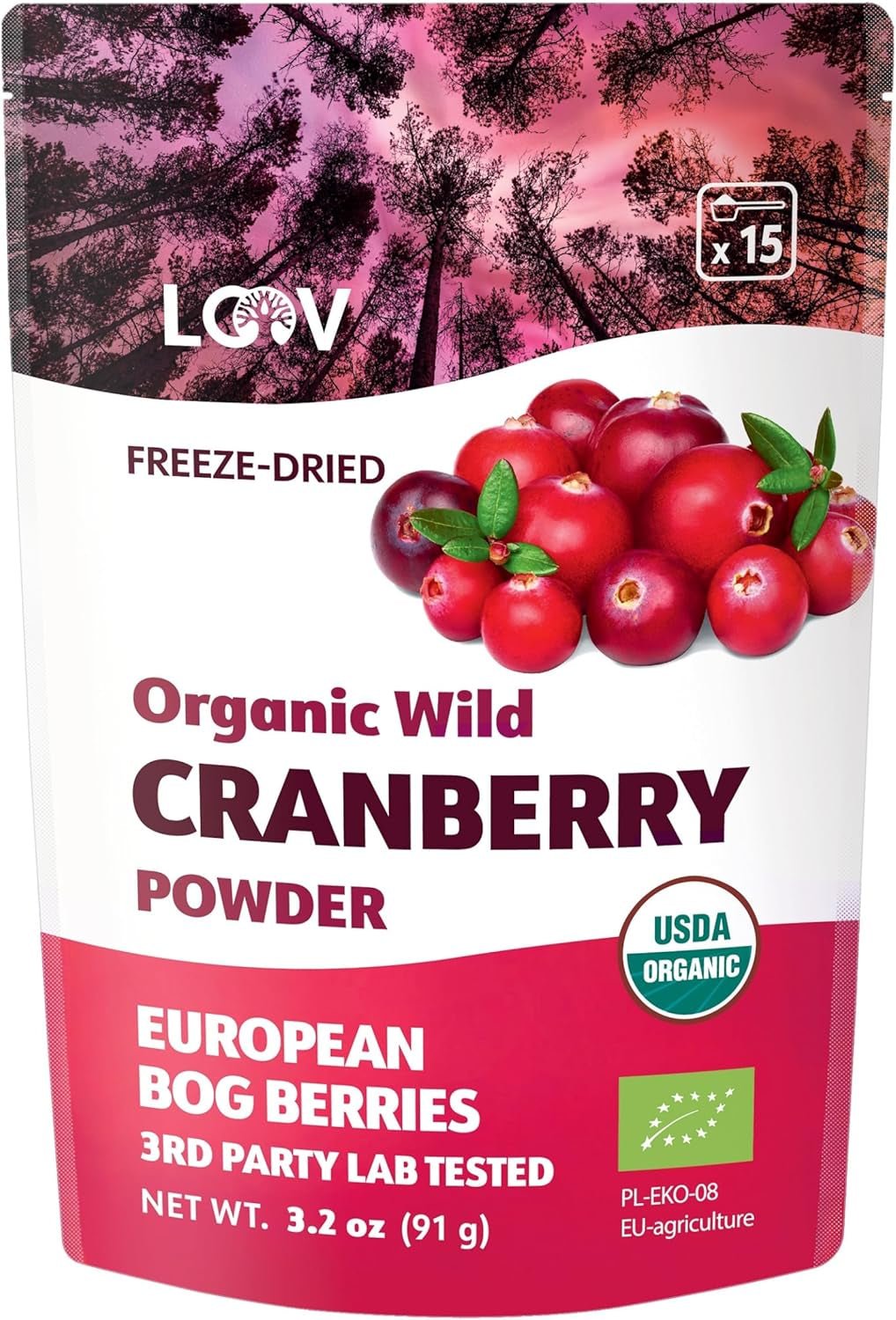 LOOV Biologisch Bosbessenpoeder Gemaakt van 100% hele wilde gevriesdroogde bosbessen geoogst in Noord-Europese bossen 113g Geen toegevoegde suiker Naty Shop Gedehydrateerde producten 91G Cranberrypoeder