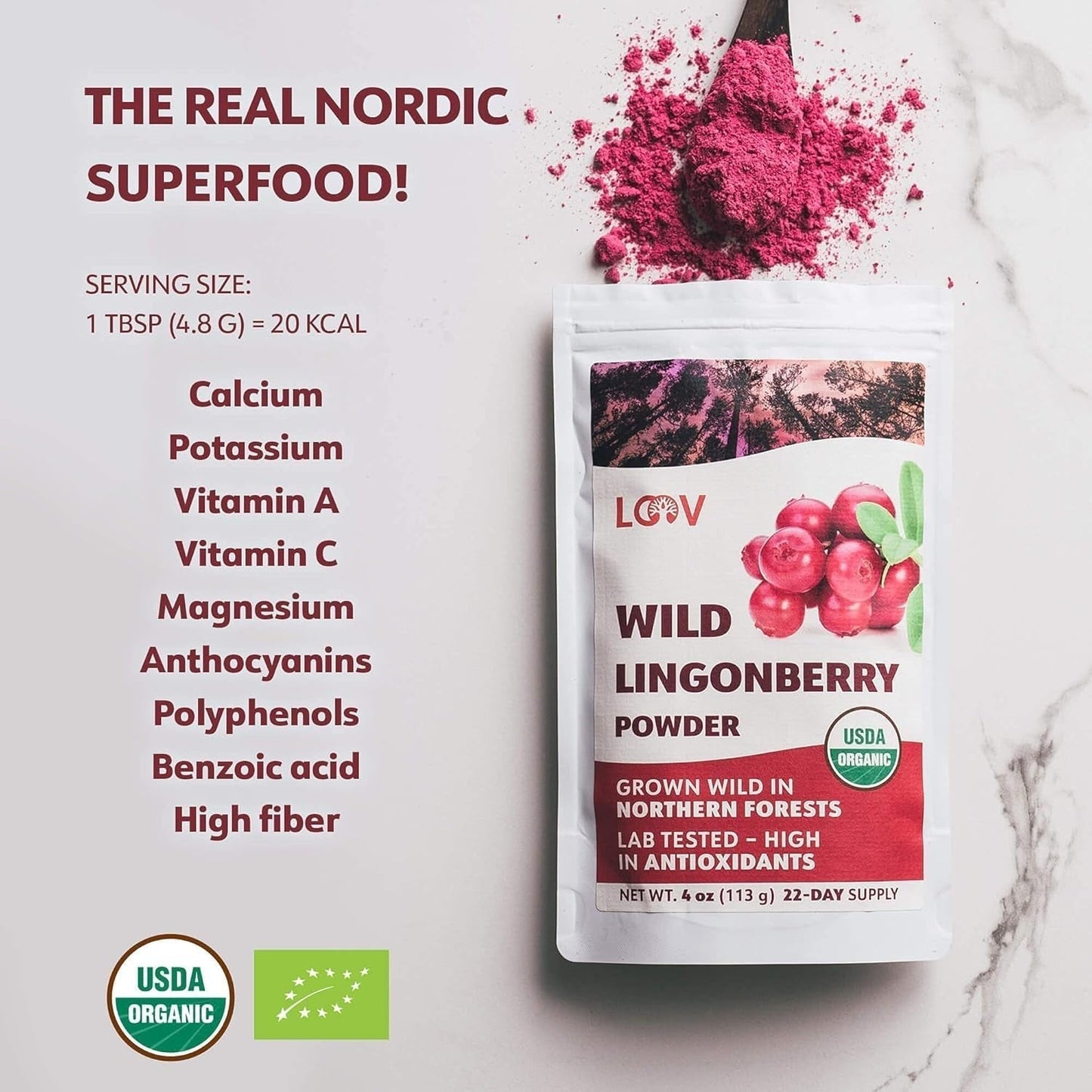 LOOV biologisch bosbessenpoeder, gemaakt van 100% hele, gevriesdroogde wilde bosbessen geoogst in de bossen van Noord-Europa, 113g, zonder toegevoegde suikers Naty Shop Gedehydrateerde Producten