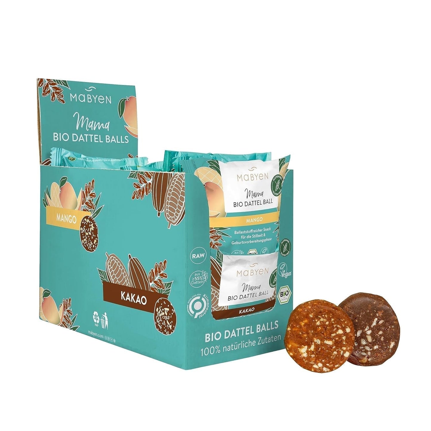 MABYEN Energieballetjes Dadel Bio 20 st. | Dadelballen - Suikervrije gezonde snacks voor zwangerschap en borstvoeding - Eiwitrepen met gedroogd fruit - 13x Cacao en 7x Mango Smaak Naty Shop Gedehydrateerde Producten 40 G (Pak van 20) Cacao + Mango