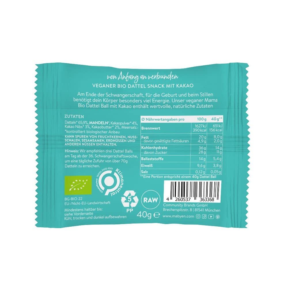 MABYEN Energieballetjes Dadel Bio 20 st. | Dadelballen - Suikervrije gezonde snacks voor zwangerschap en borstvoeding - Eiwitrepen met gedroogd fruit - 13 x cacao en 7 x mangosmaak Gedehydrateerde producten Naty Shop