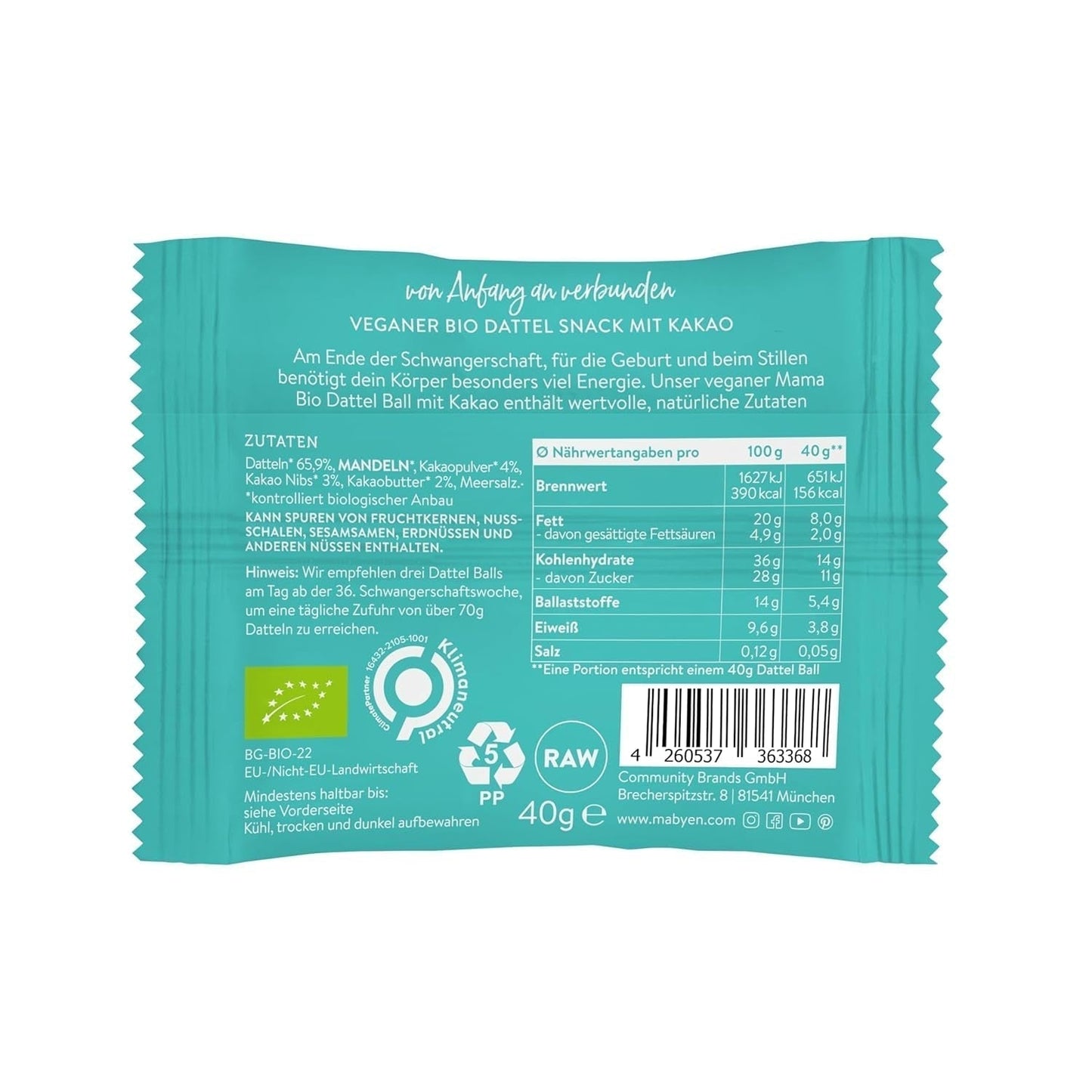 MABYEN Energieballetjes Dadel Bio 20 st. | Dadelballen - Gezonde suikervrije snacks voor zwangerschap en borstvoeding - Eiwitreep met gedroogd fruit - Cacao smaak Gedroogde producten Naty Shop