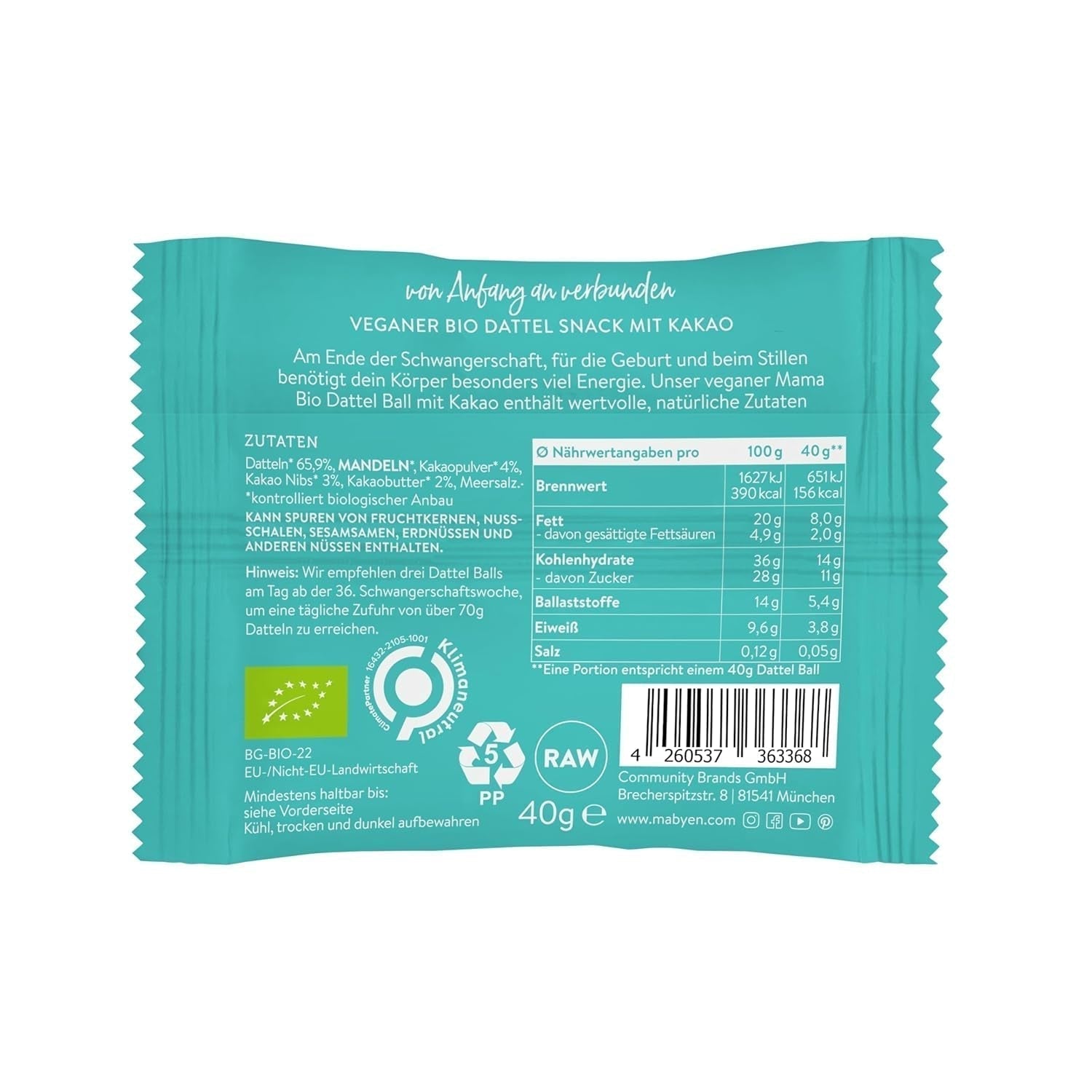 MABYEN Energieballetjes Dadel Bio 20 st. | Dadelballen - Gezonde suikervrije snacks voor zwangerschap en borstvoeding - Eiwitreep met gedroogd fruit - Cacao smaak Gedroogde producten Naty Shop