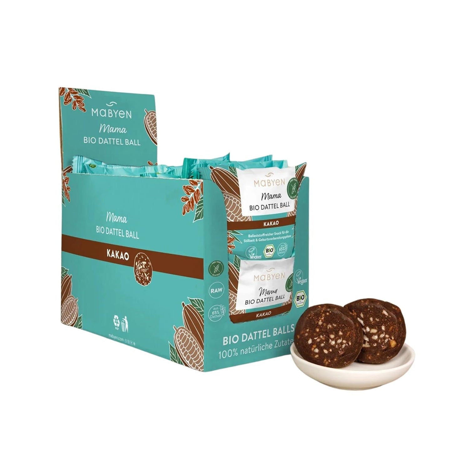 MABYEN Energieballetjes Dadel Bio 20 st. | Dadelballen - Suikervrije gezonde snacks voor zwangerschap en borstvoeding - Eiwitreep met gedroogd fruit - Gedehydrateerde producten met cacaosmaak Naty Shop Standaardtitel