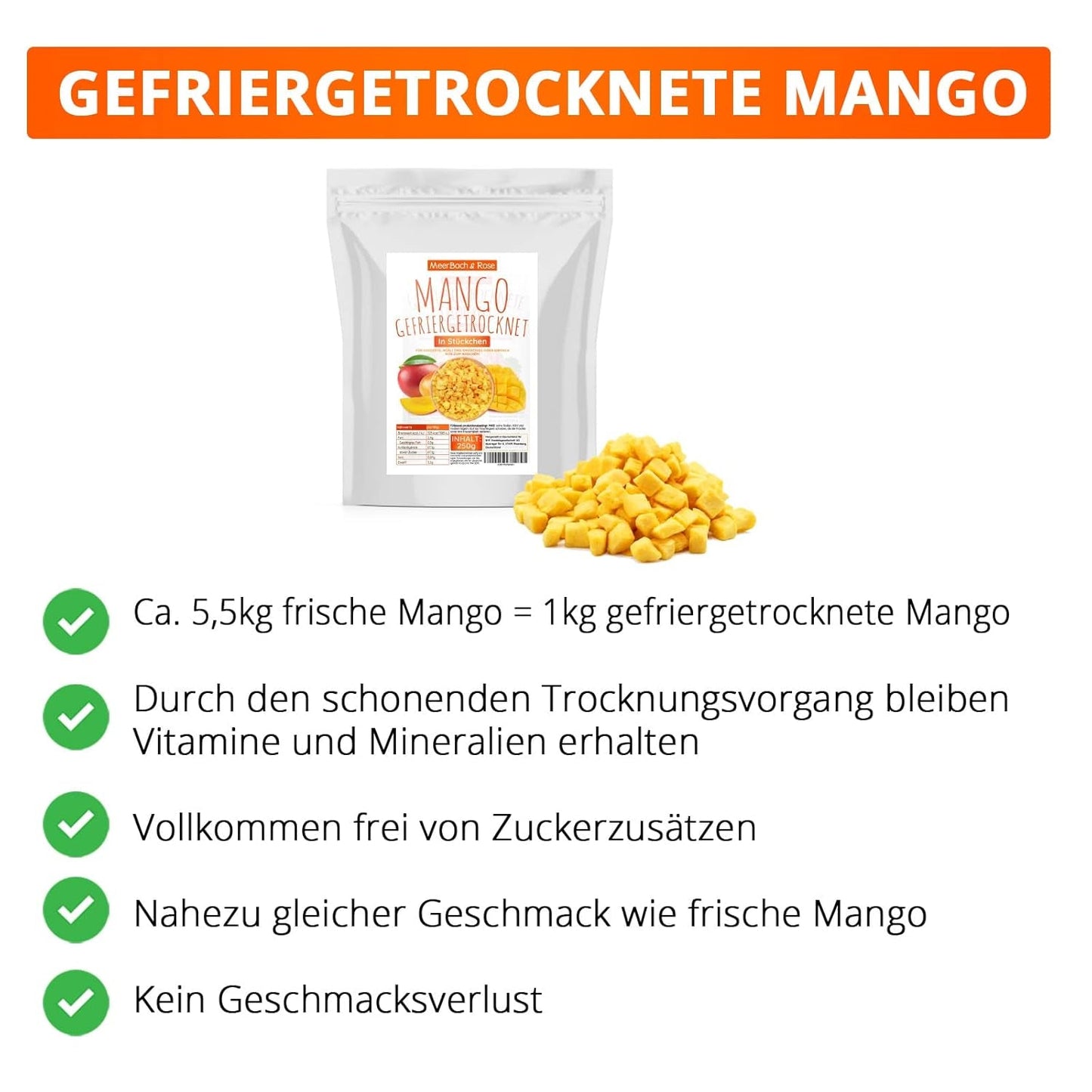 Gevriesdroogde mango, 250g gevriesdroogd fruit, zonder toevoegingen, fruitig, gemaakt in Duitsland Gedroogde producten Naty Shop