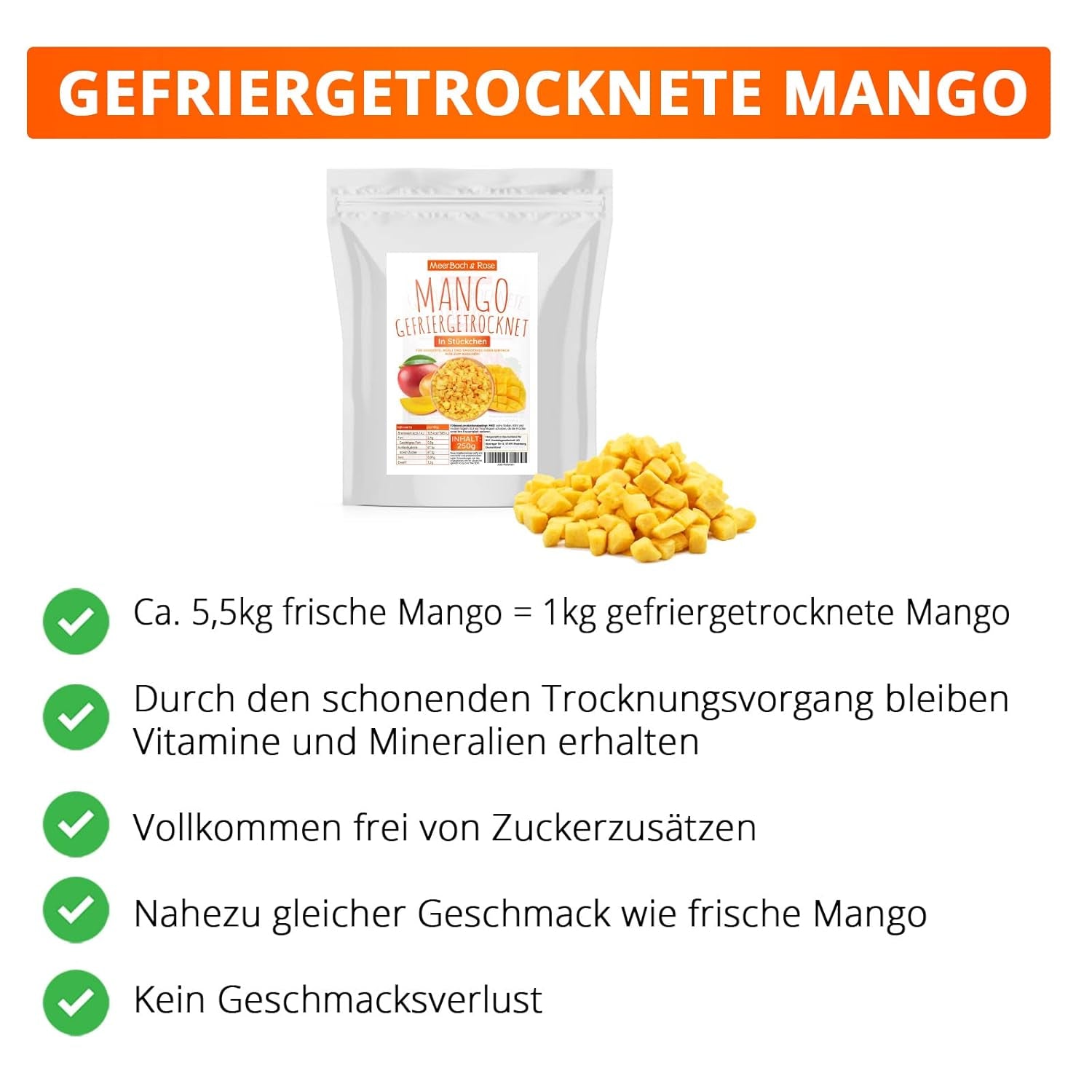 Gevriesdroogde mango, 250g gevriesdroogd fruit, zonder toevoegingen, fruitig, gemaakt in Duitsland Gedroogde producten Naty Shop