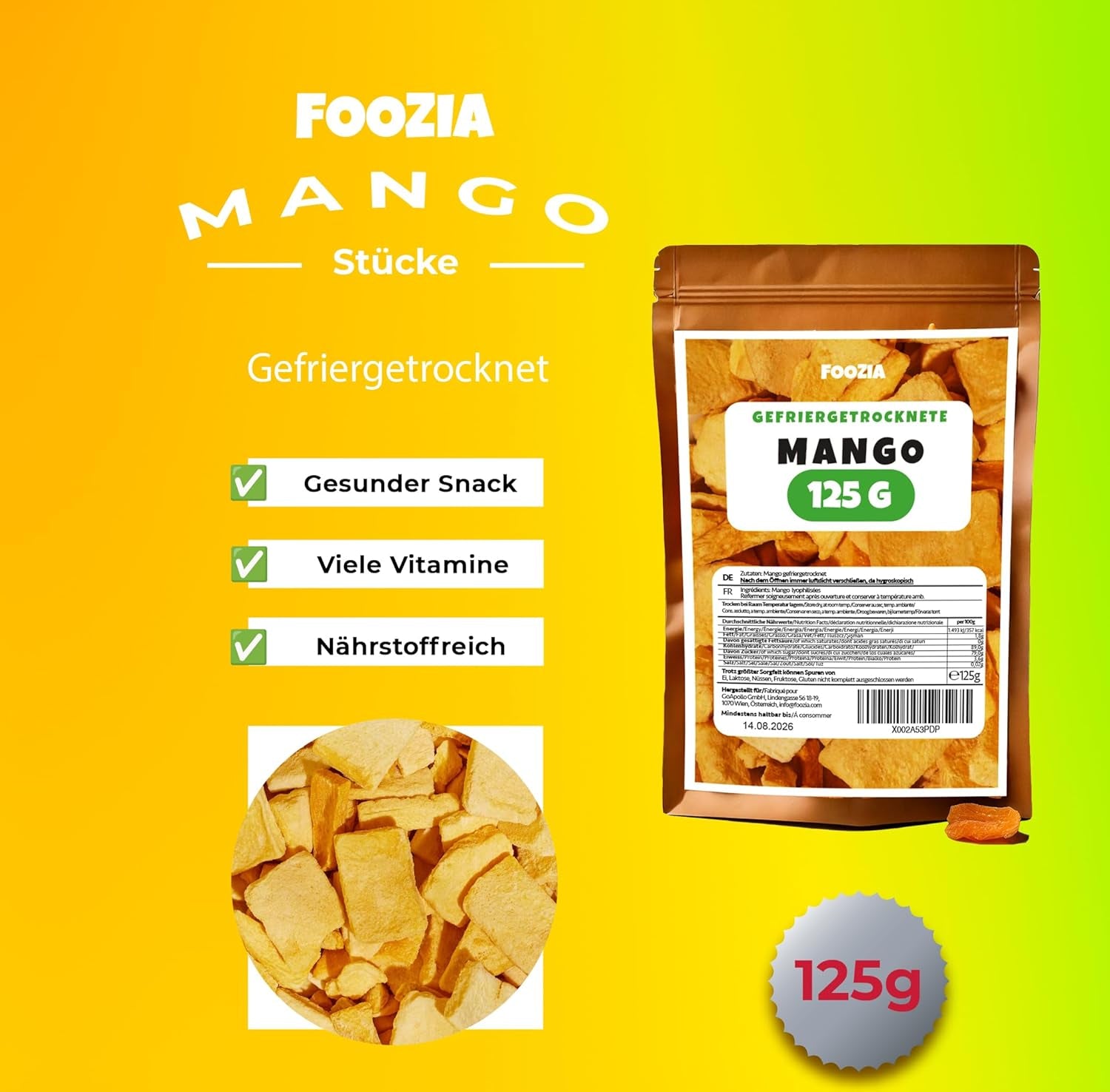 Gevriesdroogde mango grote stukken Gevriesdroogd fruit Geen toevoegingen 100% puur natuurlijke mango Gevriesdroogde mango Gedroogd fruit Gedroogde mango 125g van Foozia (125g) Gedroogde producten Naty Shop