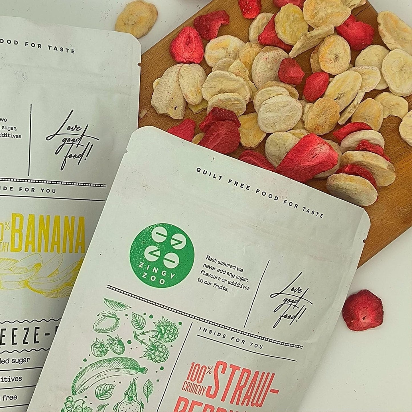 Mix van gevriesdroogd fruit ErdBana XL 300g | Gevriesdroogde bananen + gevriesdroogde aardbeien Proeverijset voor gevriesdroogd fruit | Aardbei en banaan gevriesdroogde fruitmix | ZingyZoo Gedroogde producten Naty Shop