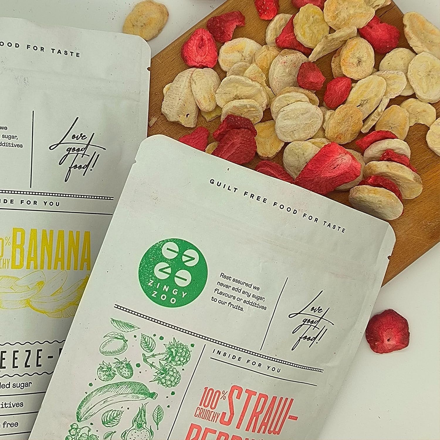 Mix van gevriesdroogd fruit ErdBana XL 300g | Gevriesdroogde bananen + gevriesdroogde aardbeien Proeverijset voor gevriesdroogd fruit | Aardbei en banaan gevriesdroogde fruitmix | ZingyZoo Gedroogde producten Naty Shop