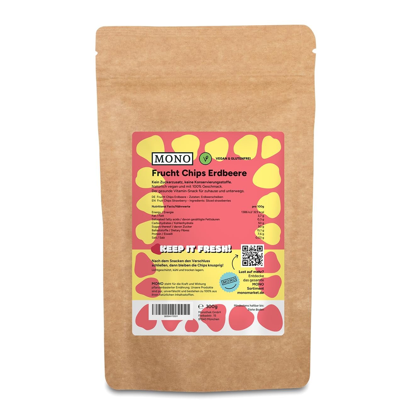 Mono gevriesdroogde chips - 300g aardbeichips van 100% natuurlijke aardbeien - gedroogd tropisch fruit - gedroogd aardbeifruit - snack voor muesli en desserts - aardbeienchips Gedroogde producten Naty Shop