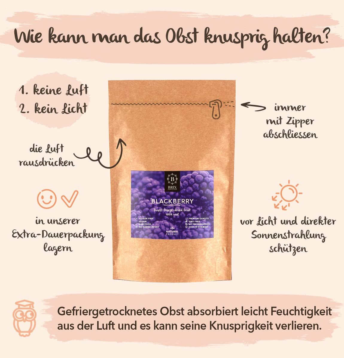 Gevriesdroogde bramen BRIX | Natuurlijke bramen, gedroogd 105 g | Great Taste Award voor gedroogde bessen | Niet-GMO, glutenvrij, veganistisch, achtergehouden vitamines Naty Shop gedehydrateerde producten