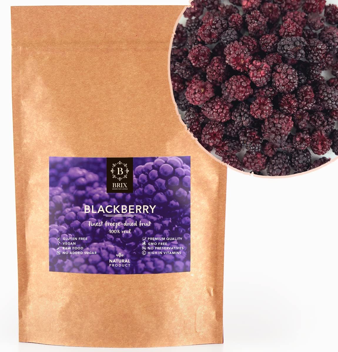 Gevriesdroogde bramen BRIX | Natuurlijke bramen, gedroogd 105 g | Great Taste Award voor gedroogde bessen | Niet-GMO, glutenvrij, veganistisch, achtergehouden vitamines Naty Shop Gedehydrateerde producten Standaardtitel