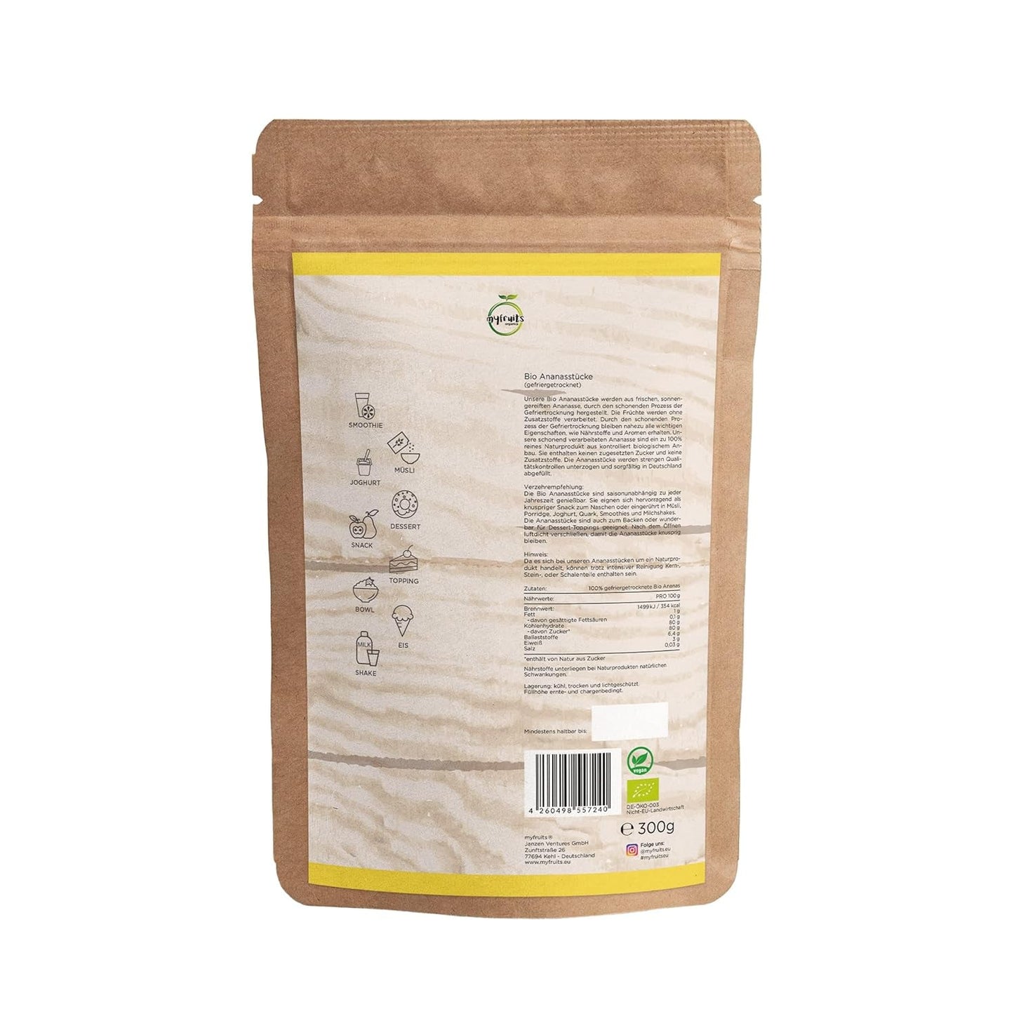 myfruits biologische gevriesdroogde ananas, 300g, gedroogd fruit zonder toevoegingen, 100% ananas in grote stukken, gevriesdroogd fruit voor muesli of als tussendoortje Gedroogde producten Naty Shop