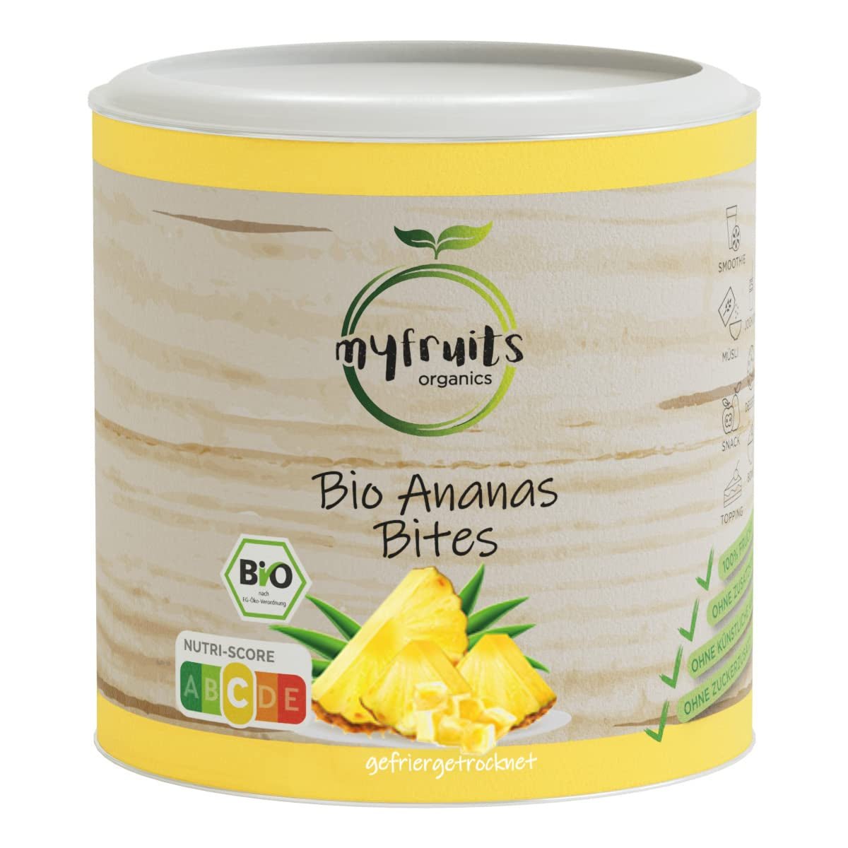 myfruits biologische gevriesdroogde ananas, 300g, gedroogd fruit zonder toevoegingen, 100% ananas in grote stukken, gevriesdroogd fruit voor muesli of als tussendoortje Gedroogde producten Naty Shop 85 Gram