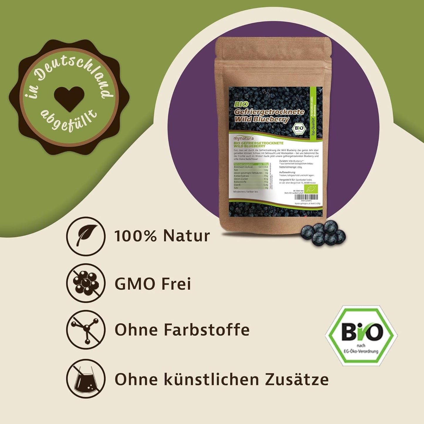Mynatura biologische gevriesdroogde wilde bosbessen I Bosbessen I Fruit I Bessen I Natuurproduct I Biologische kwaliteit I Zakje (1x 200g) Gedroogde producten Naty Shop