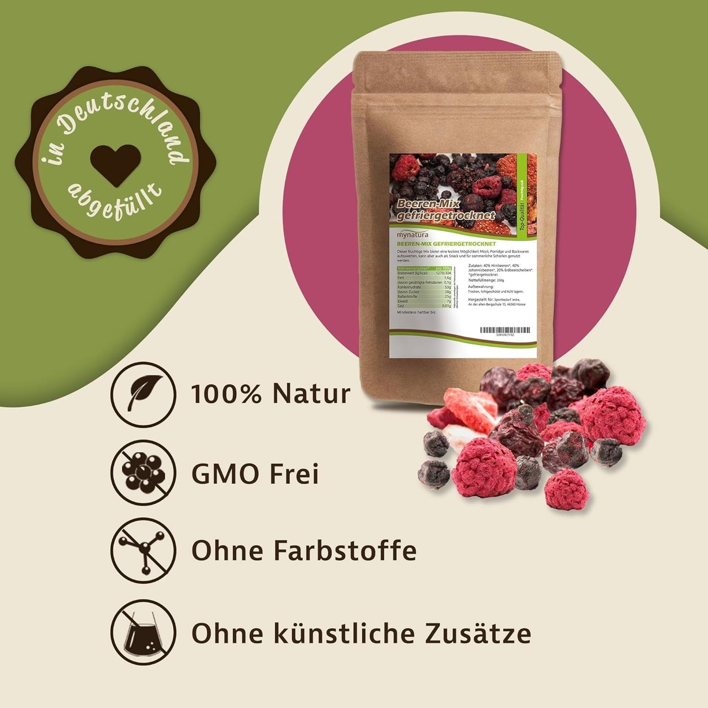 Mynatura Kleurrijke mix van gevriesdroogde bessen I Fruitmix I Frambozen I Zwarte bessen I Aardbeien I Fruitsnacks I Veganistisch I 350g Gedroogde producten Naty Shop