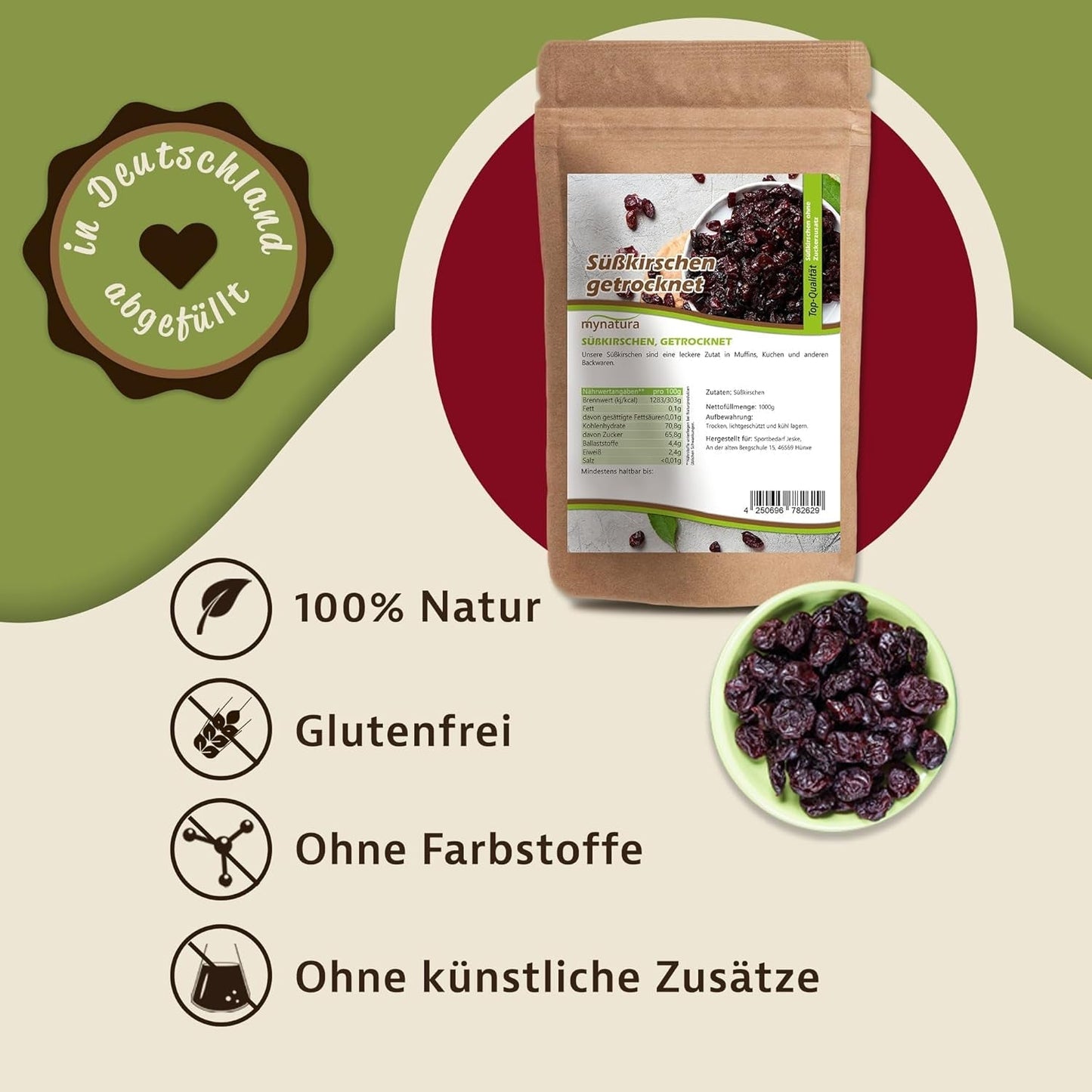 Mynatura zoete, gedroogde, pitloze kersen I Ongezoet I Gedroogd fruit I Geen toevoegingen I Bakken I Kersen I Snack I Muesli I Veganistisch I Zakje (1x 1000g) Gedroogde producten Naty Shop