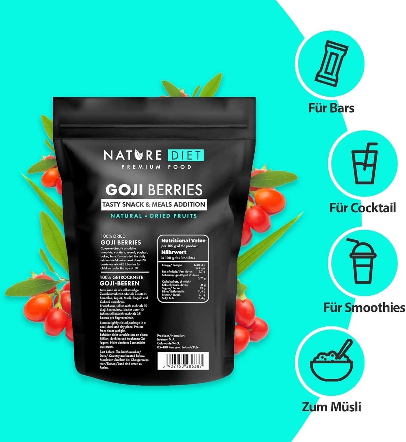 Nature Diet - Gojibessen 1000 g | Gedroogde bessen | Gezond tussendoortje Naty Shop gedroogde producten