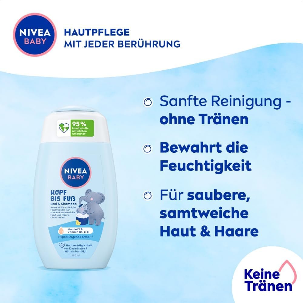 NIVEA BABY top tot teen bad & shampoo, zachte vegan shampoo voor kinderhuid en haar met amandelolie, ontspannende douchegel met hypoallergene formule zonder parabenen en microplastics (200 ml) Kinderen - Bad en Huidverzorging Naty Shop