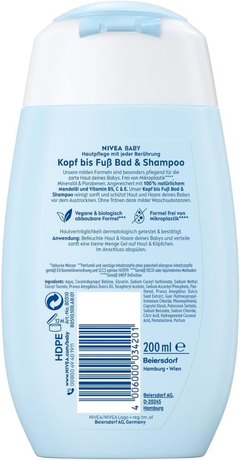 NIVEA BABY top tot teen bad & shampoo, zachte vegan shampoo voor kinderhuid en haar met amandelolie, ontspannende douchegel met hypoallergene formule zonder parabenen en microplastics (200 ml) Kinderen - Bad en Huidverzorging Naty Shop