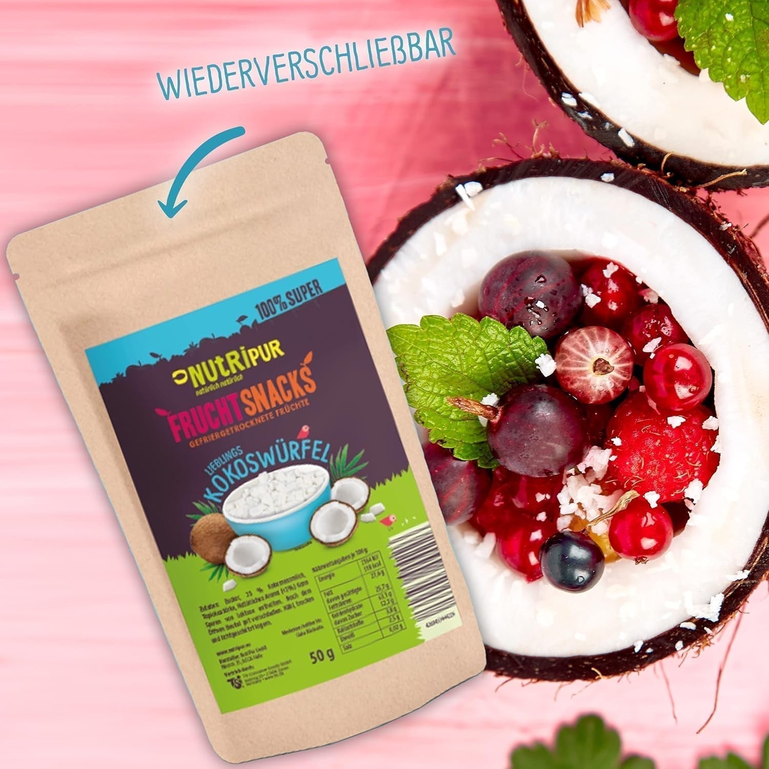 Gevriesdroogde kokosnoot: 50g gevriesdroogd fruit - veganistische snoepjes gezoete kokosblokjes - natuurlijk gedroogd fruit van NutriPur Gedehydrateerde producten Naty Shop