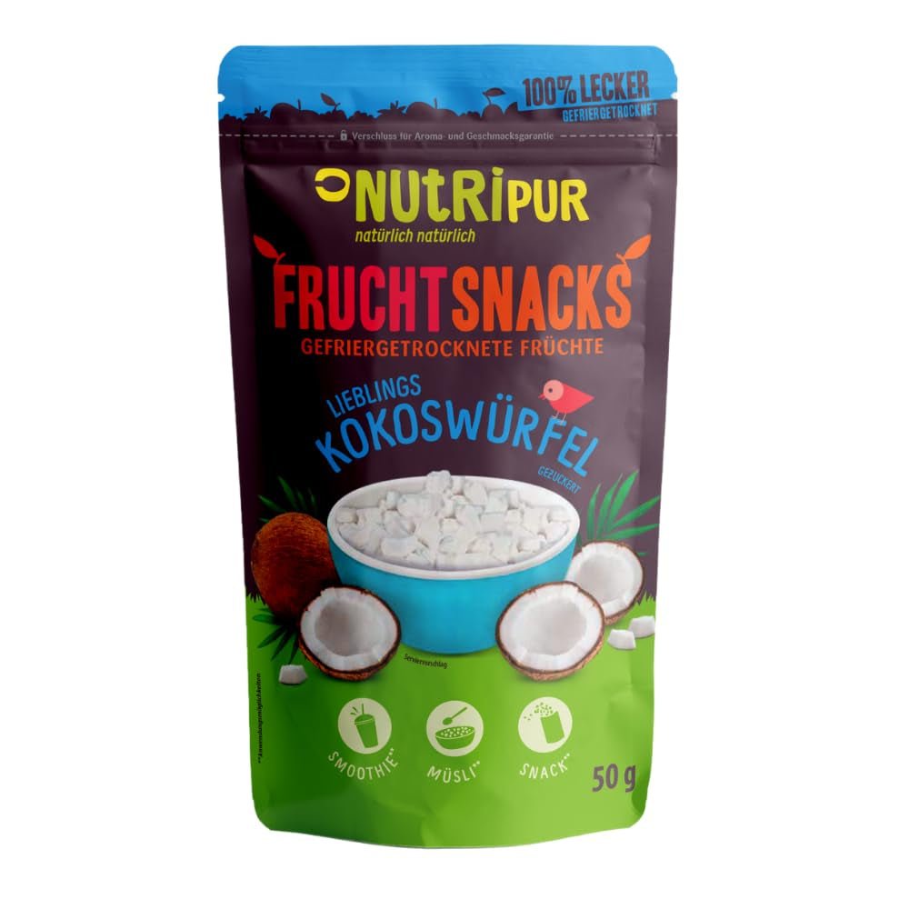 Gevriesdroogde kokosnoot: 50g gevriesdroogd fruit - vegan snoepjes gezoete kokosblokjes - natuurlijk gedroogd fruit van NutriPur Gedehydrateerde producten Naty Shop Standaard titel