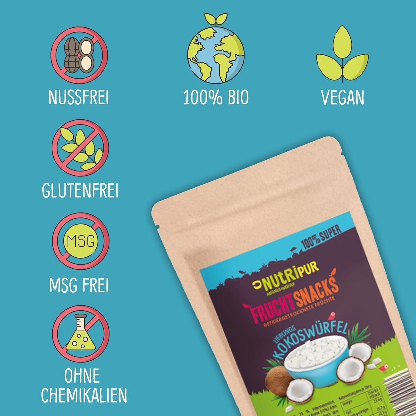 Gevriesdroogde kokosnoot: 50g gevriesdroogd fruit - veganistische snoepjes gezoete kokosblokjes - natuurlijk gedroogd fruit van NutriPur Gedehydrateerde producten Naty Shop