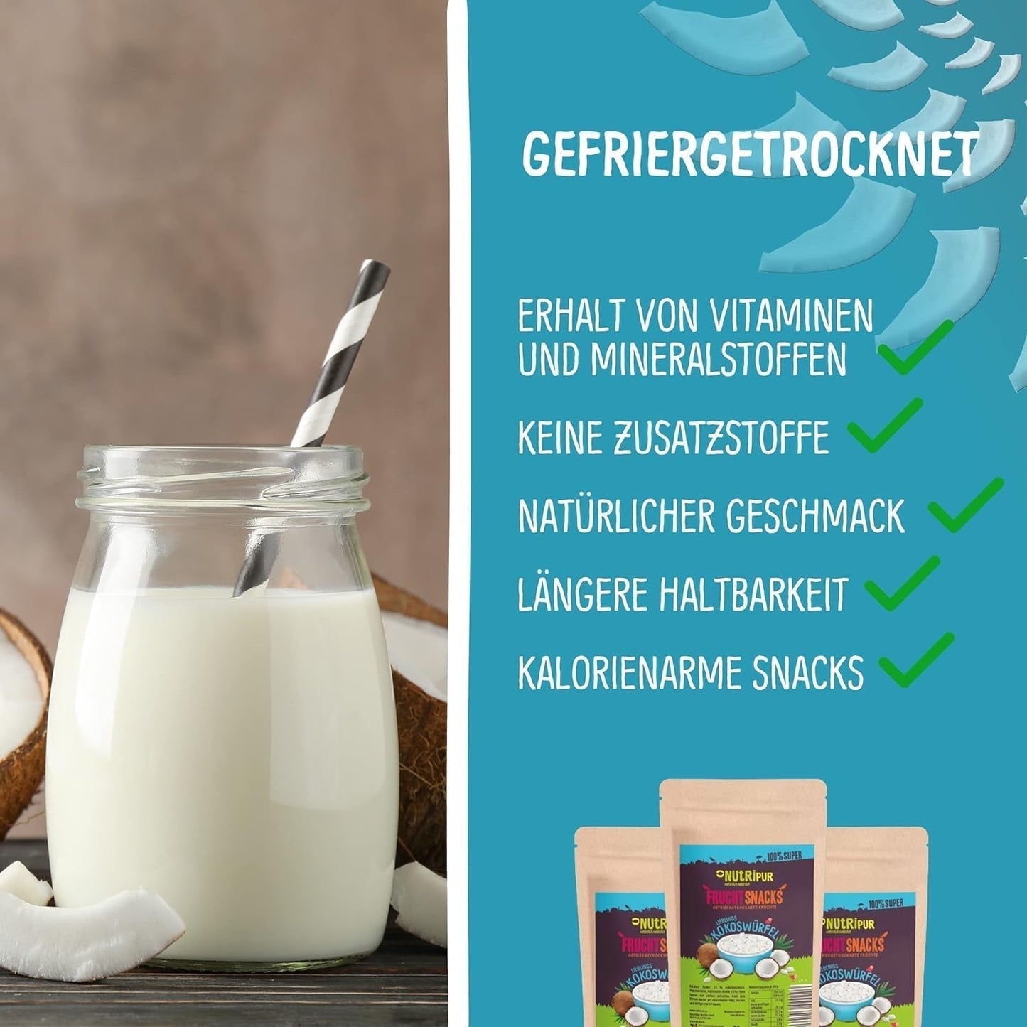 Gevriesdroogde kokosnoot: 50g gevriesdroogd fruit - veganistische snoepjes gezoete kokosblokjes - natuurlijk gedroogd fruit van NutriPur Gedehydrateerde producten Naty Shop