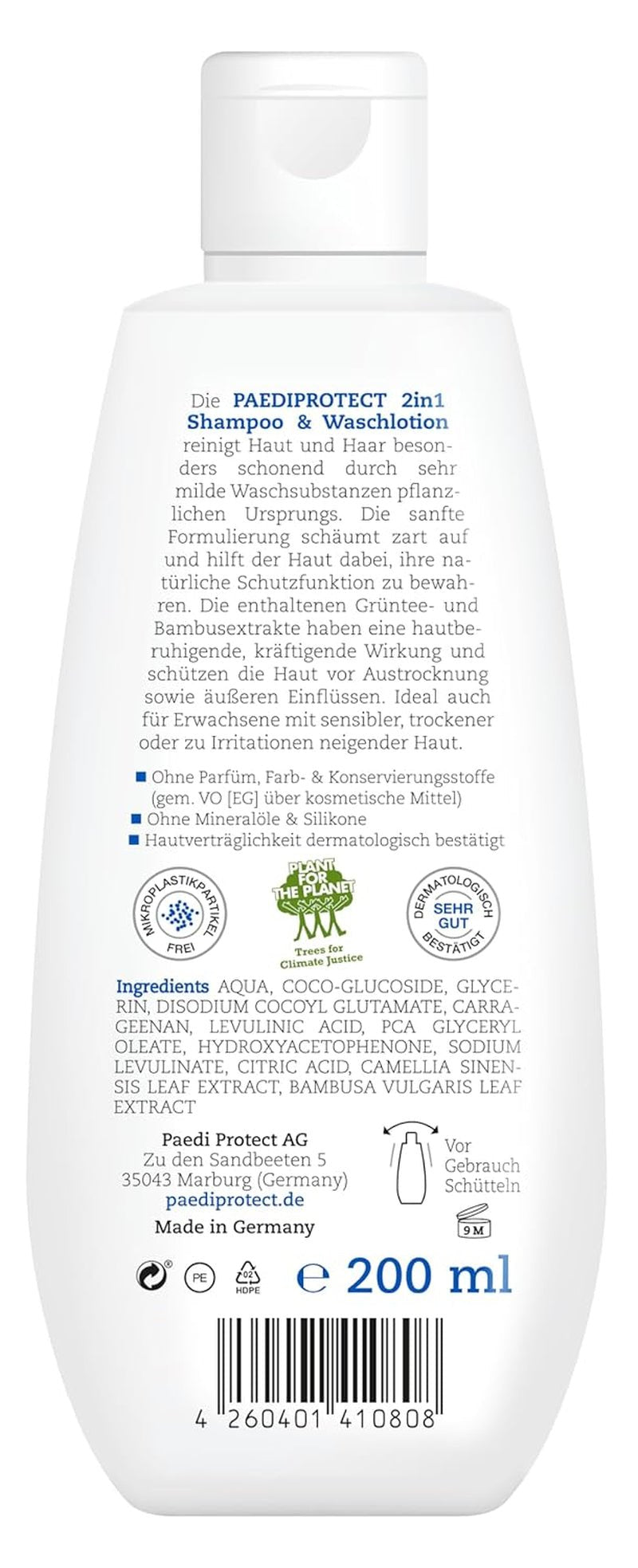 PAEDIPROTECT 2in1 shampoo en waslotion voor baby's en kinderen 200 ml, delicate reiniging en haar zonder parfum en microplastics, de douchegel hydrateert de droge en gevoelige huid, ook voor volwassenen Kinderen - Bad- en huidverzorging Naty Shop
