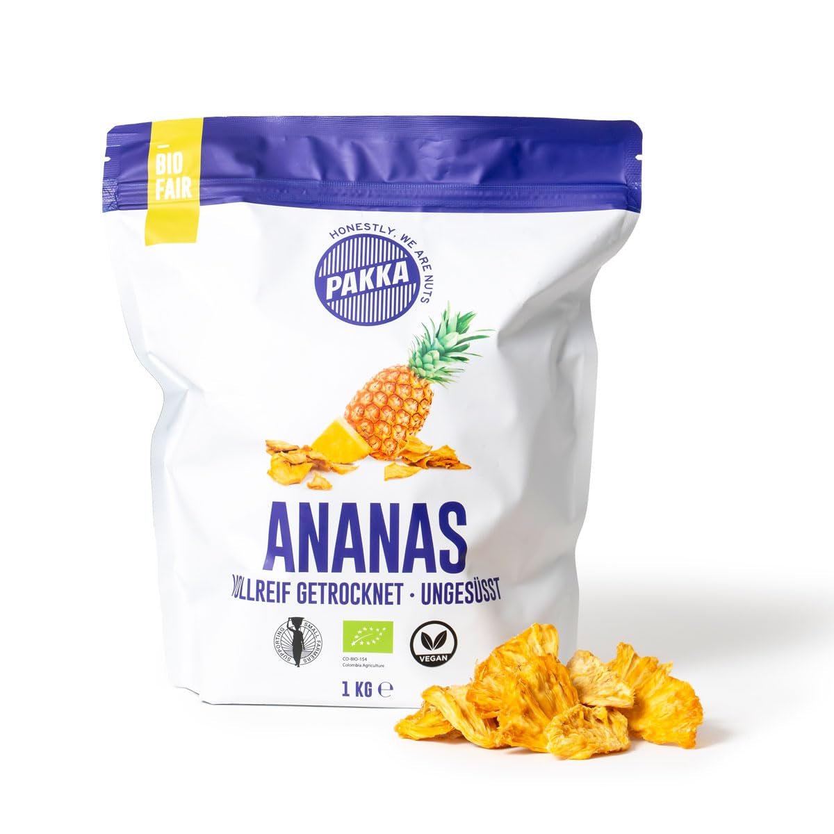 PAKKA biologische en fairtrade ananasstukjes 1kg, biologische en fairtrade gedroogde ananas, ongezoet, ongezwaveld, rechtstreeks geproduceerd en afgevuld door de producent in Colombia, veganistisch 1000g Gedehydrateerde producten Naty Shop Variant 2: 1 kg (1 pak)