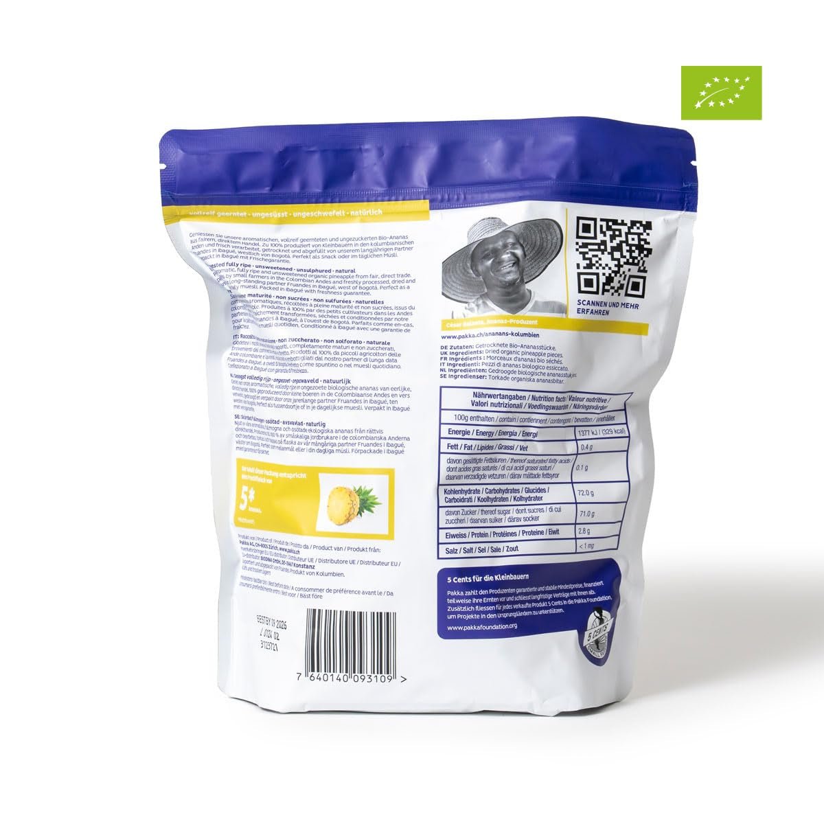 PAKKA biologische en fairtrade ananasstukjes 1kg, biologische en fairtrade gedroogde ananas, ongezoet, ongezwaveld, rechtstreeks geproduceerd en afgevuld door de producent in Colombia, veganistisch 1000g Gedehydrateerde producten Naty Shop