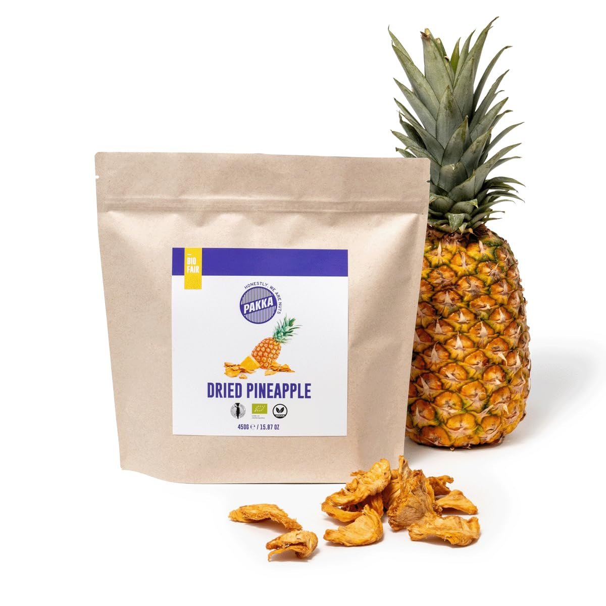 PAKKA biologische en fairtrade ananasstukjes 1kg, biologische en fairtrade gedroogde ananas, ongezoet, ongezwaveld, rechtstreeks geproduceerd en afgevuld door de producent in Colombia, veganistisch 1000g Gedehydrateerde producten Naty Shop Variant 1: 450 G (1 pak)