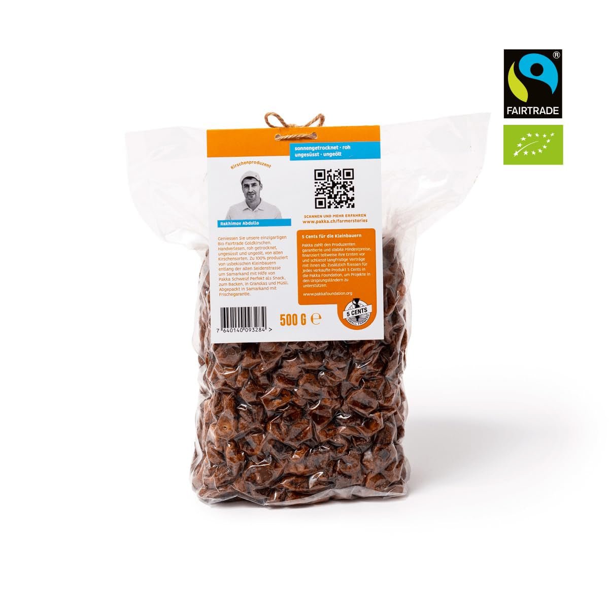 PAKKA - Biologische Fairtrade zongedroogde gouden kersen 500 g, wild geplukte gele kersen, ongezaaid, ongezoet, rechtstreeks van kleine boeren in Samarkand, Oezbekistan, veganistisch, 500 g (1 pak) Naty Shop gedehydrateerde producten