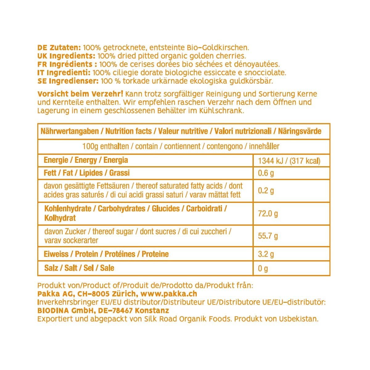 PAKKA - Biologische Fairtrade zongedroogde gouden kersen 500 g, wild geplukte gele kersen, ongezaaid, ongezoet, rechtstreeks van kleine boeren in Samarkand, Oezbekistan, veganistisch, 500 g (1 pak) Naty Shop gedehydrateerde producten