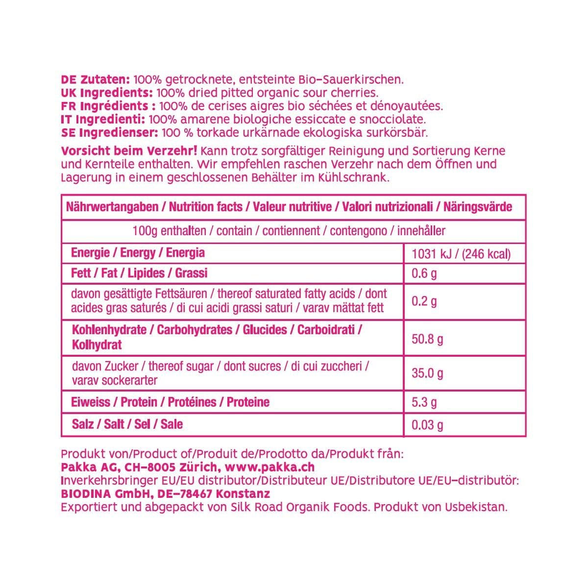 PAKKA - Zongedroogde biologische Fairtrade-kersen 750 g, wild geoogste biologische kersen, ongezoet, ongezoet rechtstreeks van kleine boeren in Samarkand, Oezbekistan, veganistisch, 750 g Naty Shop gedehydrateerde producten