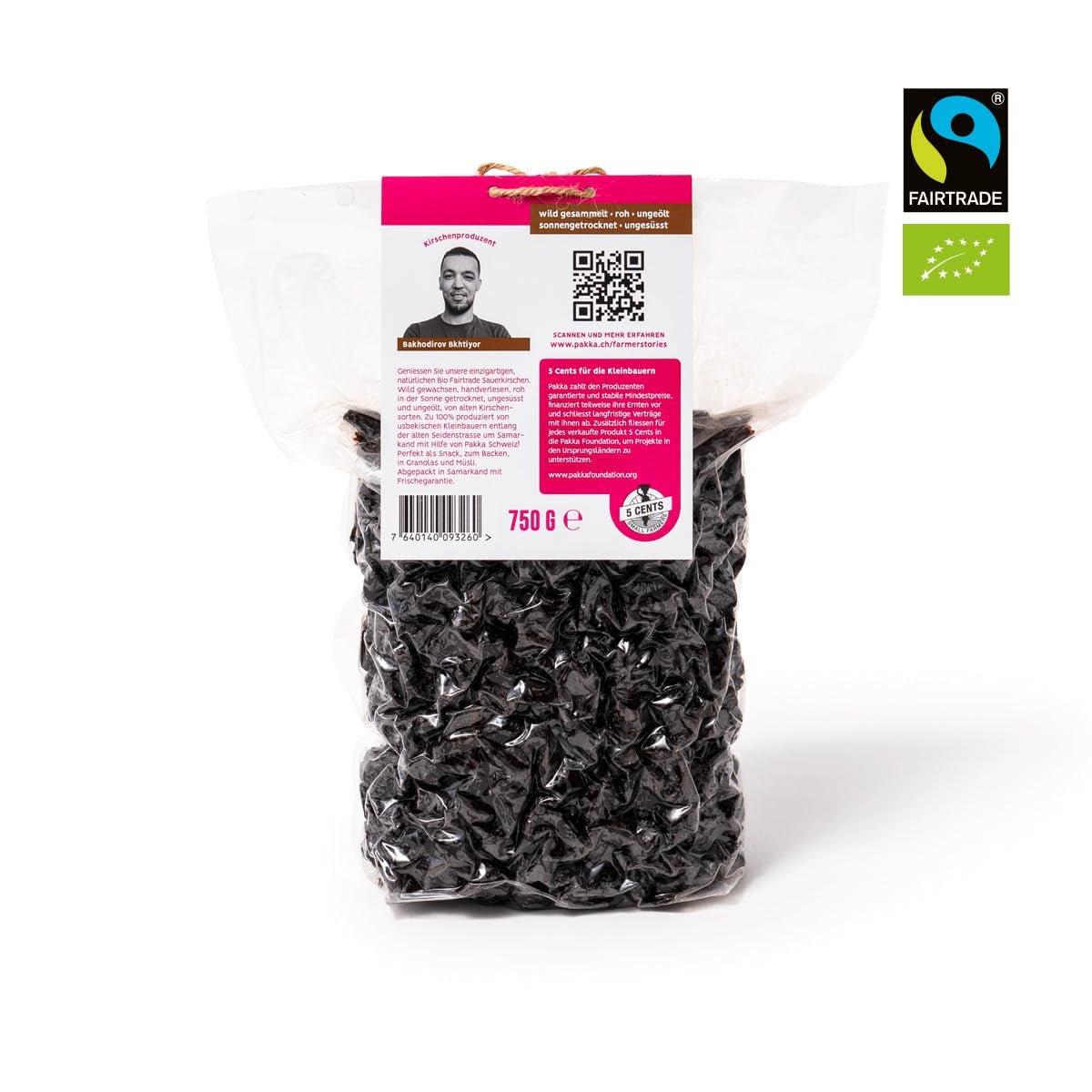 PAKKA - Zongedroogde biologische Fairtrade-kersen 750 g, wild geoogste biologische kersen, ongezoet, ongezoet rechtstreeks van kleine boeren in Samarkand, Oezbekistan, veganistisch, 750 g Naty Shop gedehydrateerde producten