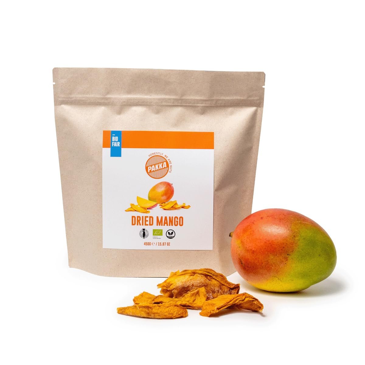 PAKKA biologische fairtrade mango's 1kg, biologische en eerlijk gedroogde mangostukjes, ongezoet, ongezwaveld, rechtstreeks geproduceerd en afgevuld door de producent in Colombia, vegan 1kg (1 pak) Naty Shop gedehydrateerde producten 450 G (1 pak)