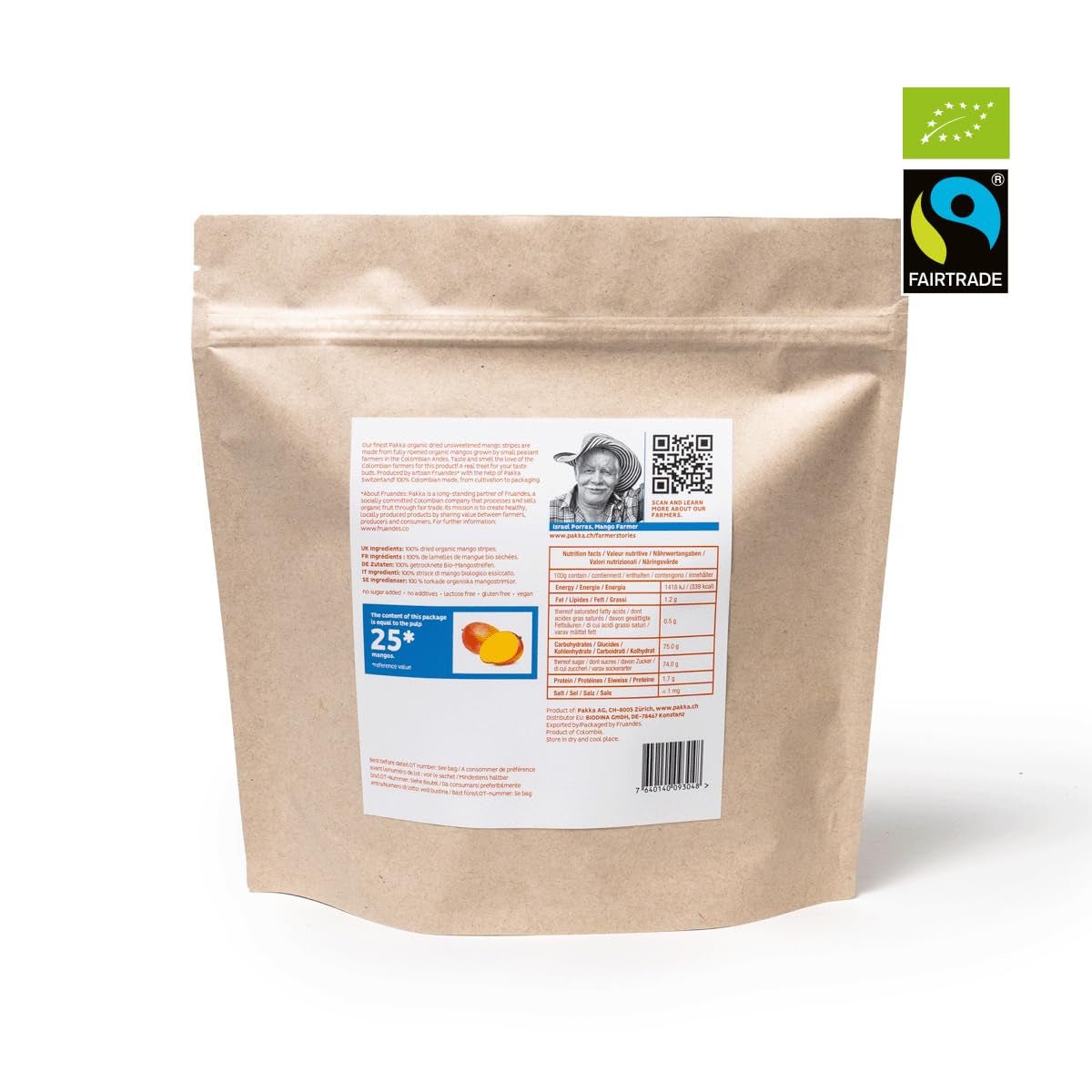 PAKKA biologische fairtrade mango's 1kg, biologische en eerlijk gedroogde mangostukjes, ongezoet, ongezwaveld, rechtstreeks geproduceerd en afgevuld door de producent in Colombia, vegan 1kg (1 pak) Gedroogde producten Naty Shop