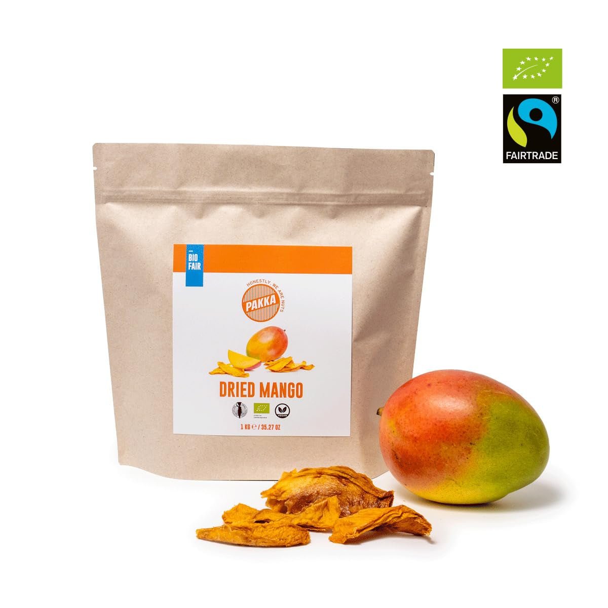 PAKKA biologische fairtrade mango's 1kg, biologische en eerlijk gedroogde mangostukjes, ongezoet, ongezwaveld, rechtstreeks geproduceerd en afgevuld door de producent in Colombia, vegan 1kg (1 pak) Gedroogde producten Naty Shop