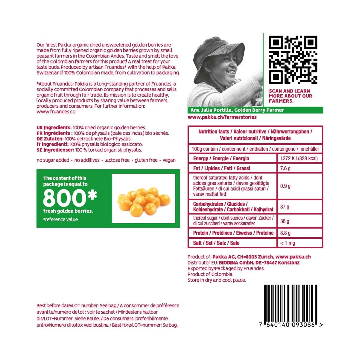 PAKKA Biologische Fair Trade Physalis 1kg, biologische en fairtrade duindoorn gedroogd, ongezoet, ongezwaveld, rechtstreeks geproduceerd en gebotteld door de producent in Colombia, veganistisch 1000g (1 pak) Gedehydrateerde producten Naty Shop