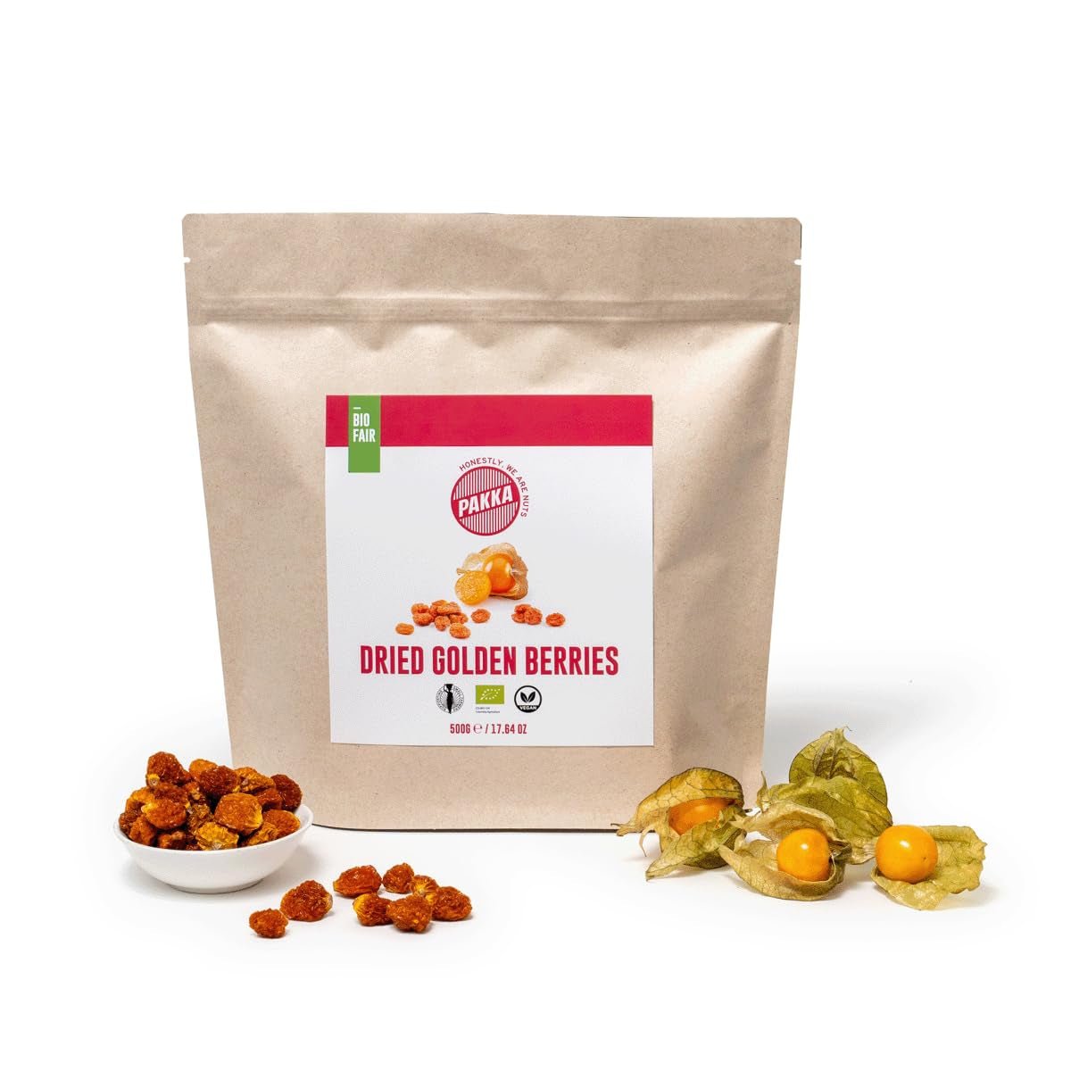 PAKKA Biologische Fair Trade Physalis 1kg, biologische en fairtrade gedroogde duindoorn, ongezoet, ongezwaveld, rechtstreeks geproduceerd en gebotteld door de producent in Colombia, veganistisch 1000g (1 pakje) Naty Shop Gedehydrateerde Producten Variant 1: 500 G (1 pakje)