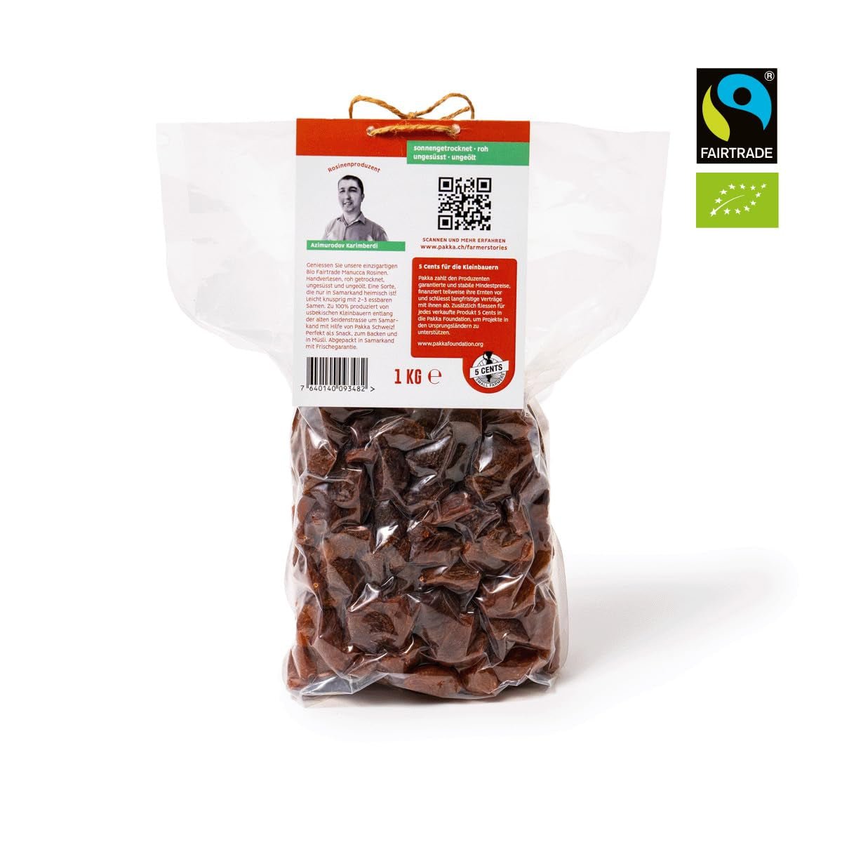 PAKKA - Biologische Fairtrade Jumbo Manucca Rozijnen 1kg met 2 - 3 knapperige zaden, zongedroogde manucca druiven, olievrij, dus plakkerig, ongezwaveld, van kleine boeren in Samarkand Oezbekistan 1000g Gedehydrateerde producten Naty Shop