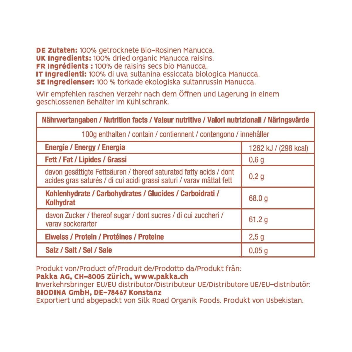 PAKKA - Biologische Fairtrade Jumbo Manucca Rozijnen 1kg met 2 - 3 knapperige zaden, zongedroogde manucca druiven, olievrij, dus plakkerig, ongezwaveld, van kleine boeren in Samarkand Oezbekistan 1000g Gedehydrateerde producten Naty Shop