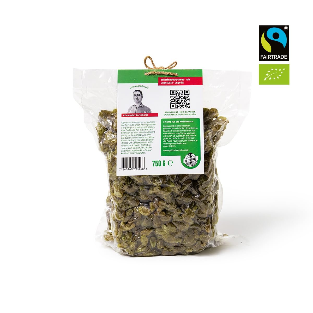 PAKKA - Biologische Fairtrade groene Khorog-rozijnen 750 g, biologisch en Fairtrade, pitloos, in de schaduw gedroogd, olievrij, zo plakkerig, rechtstreeks van kleine boeren in Samarkand Oezbekistan, veganistisch, 750 g Naty Shop gedehydrateerde producten
