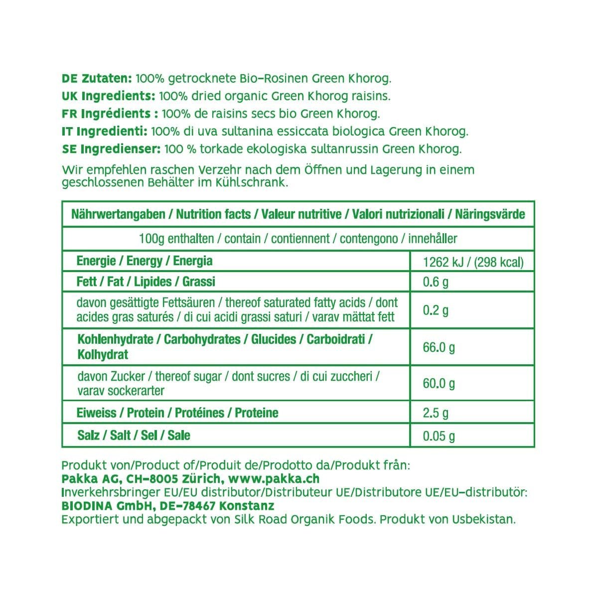 PAKKA - Biologische Fairtrade groene Khorog-rozijnen 750 g, biologisch en Fairtrade, pitloos, in de schaduw gedroogd, olievrij, zo plakkerig, rechtstreeks van kleine boeren in Samarkand Oezbekistan, veganistisch, 750 g Naty Shop gedehydrateerde producten