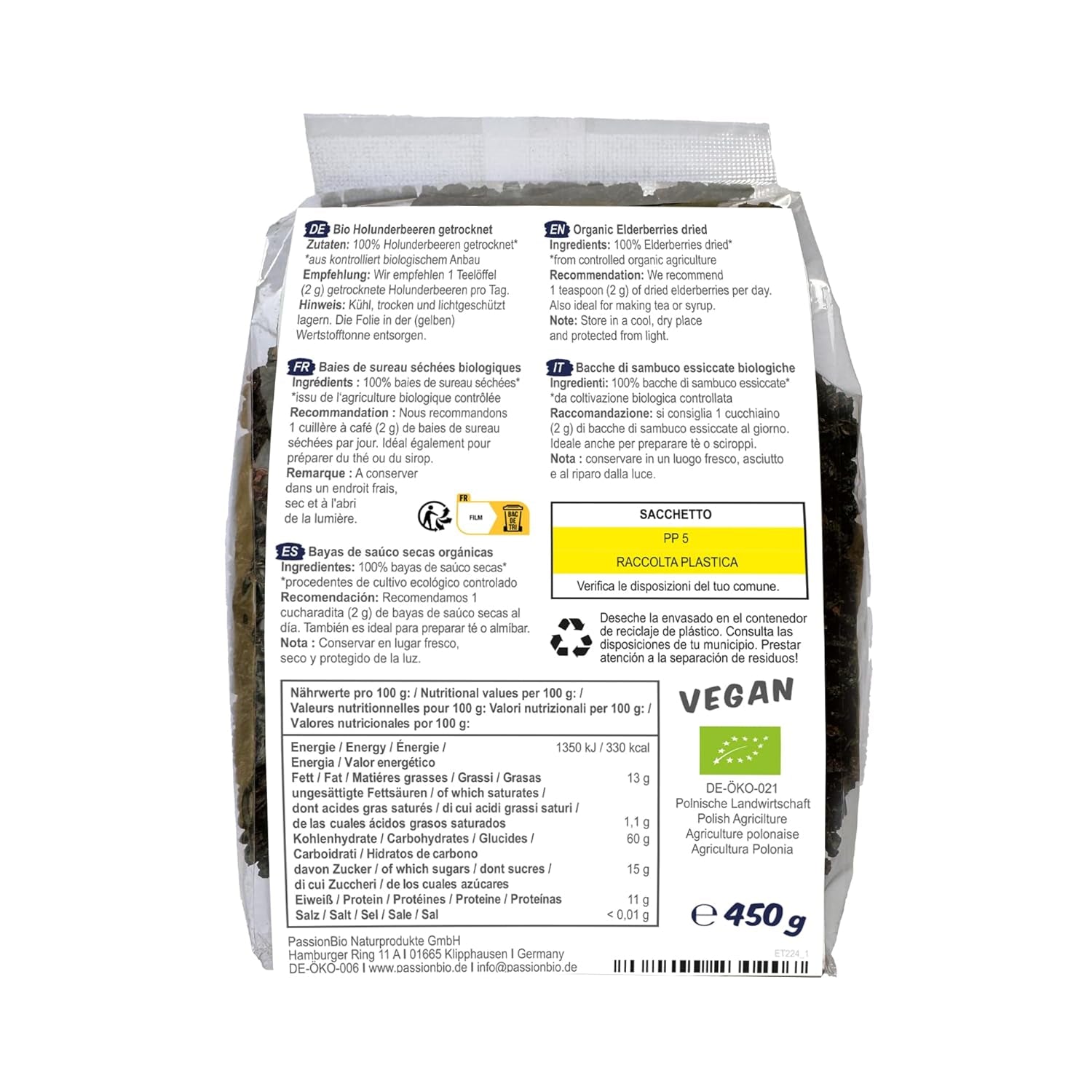 PassionBio Biologische gedroogde vlierbessen 450g - Zwarte vlierbessen voor thee en siroop - Veganistisch, zonder bewaarmiddelen, zonder toegevoegde suikers (volgens de wet) Gedehydrateerde producten Naty Shop